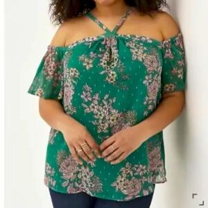 Torrid Cold Shoulder Halter Top Crinkle Chiffon Floral Green Plus Size 0 nwt